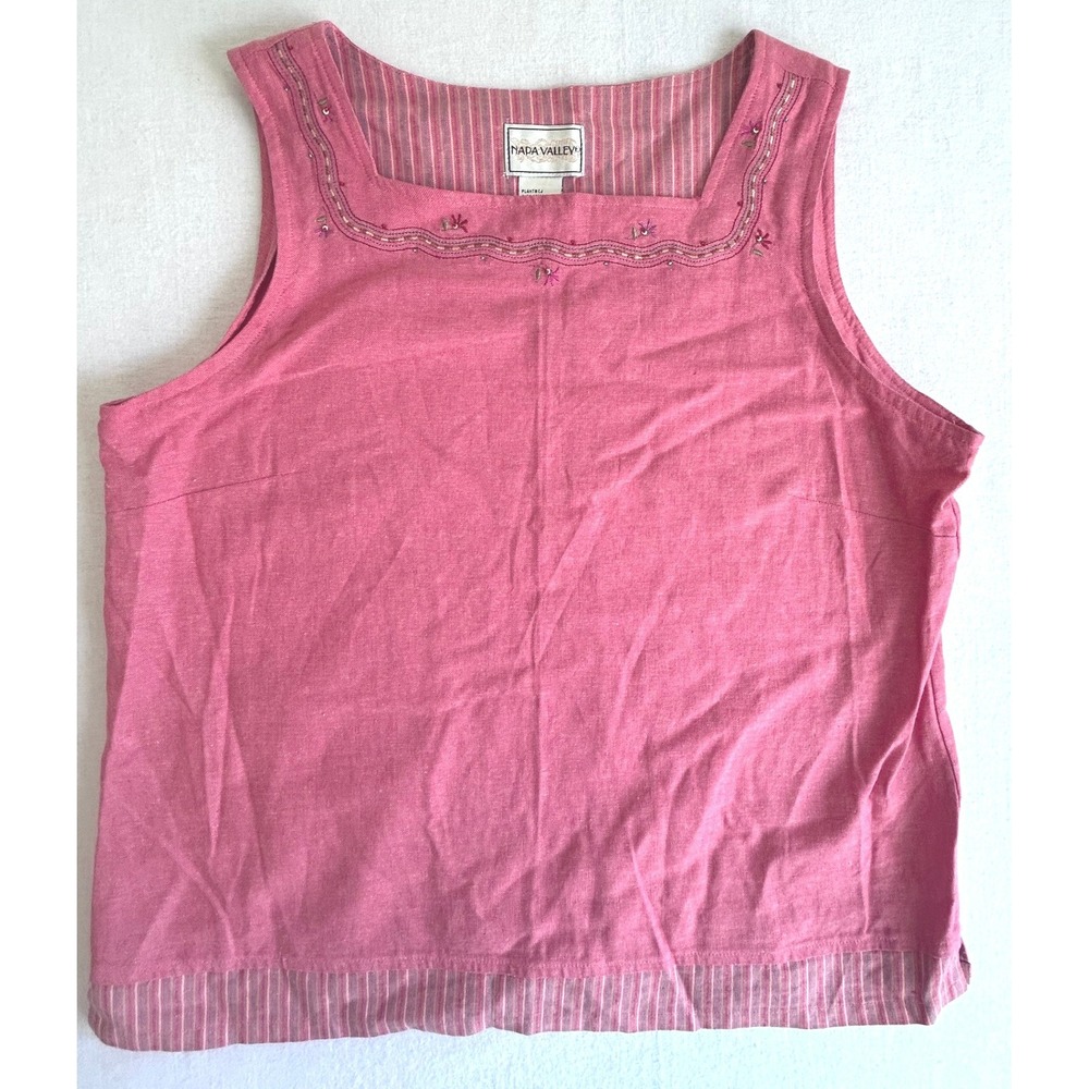 Napa‎ Valley Linen Blend Coral Pink Embroidered Square Neck Casual Tank Top SZ M